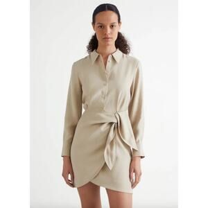 & Other Stories Tie Waist Wrap Shirt Dress Long Sleeve Neutral Mini Size 10